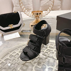 CHANEL Double C  Xiaoxiang Chain Fabric Head Chunky Heel Sandals Black Lambskin