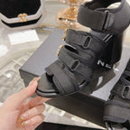 CHANEL Double C  Xiaoxiang Chain Fabric Head Chunky Heel Sandals Black Lambskin