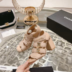 CHANEL Double C  Xiaoxiang Chain Fabric Head Chunky Heel Sandals Cream Lambskin