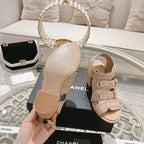 CHANEL Double C  Xiaoxiang Chain Fabric Head Chunky Heel Sandals Cream Lambskin