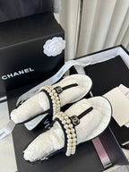 CHANEL CLASSIC THONG SANDALS PEARL CHAIN IN WHITE LAMBSKIN