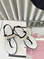 CHANEL CLASSIC THONG SANDALS PEARL CHAIN IN WHITE LAMBSKIN