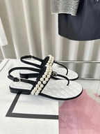 CHANEL CLASSIC THONG SANDALS PEARL CHAIN IN WHITE LAMBSKIN