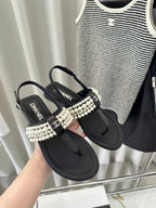 CHANEL CLASSIC THONG SANDALS PEARL CHAIN IN BLACK LAMBSKIN