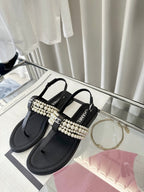 CHANEL CLASSIC THONG SANDALS PEARL CHAIN IN BLACK LAMBSKIN