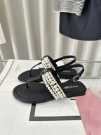 CHANEL CLASSIC THONG SANDALS PEARL CHAIN IN BLACK LAMBSKIN