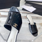 CHANEL high heel 70 mule sandals black white patent calfskin