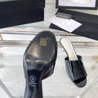CHANEL high heel 70 mule sandals black white patent calfskin