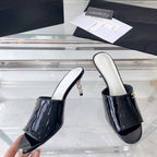 CHANEL high heel 70 mule sandals black white patent calfskin