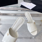 CHANEL high heel 70 mule sandals white patent calfskin