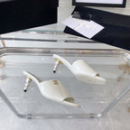 CHANEL high heel 70 mule sandals white patent calfskin