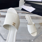 CHANEL high heel 70 mule sandals white patent calfskin