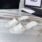 CHANEL high heel 70 mule sandals white patent calfskin