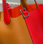 HERMES 25S PICOTIN LOCK 18 IN GOLDEN BROWN AND RED CALFSKIN SILVER HARDWARE