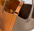 HERMES 25S PICOTIN LOCK 18 IN BROWN AND ORANGE COMBINATION CALFSKIN SILVER HARDWARE