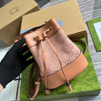 GUCCI OPHIDIA MINI 19 BUCKET LIGHT PINK CANVAS AND CALFSKIN