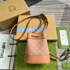 GUCCI OPHIDIA MINI 19 BUCKET LIGHT PINK CANVAS AND CALFSKIN
