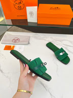HERMES Giulia Sandal Green Suede Green Calfskin