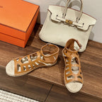 HERMES STRAW SOLE SANDAL CARAMEL LAMBSKIN
