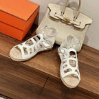 HERMES STRAW SOLE SANDAL WHITE LAMBSKIN