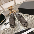 CHANEL sandals chocolate patent crumpled lambskin