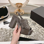 CHANEL sandals chocolate patent crumpled lambskin