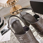 CHANEL sandals chocolate patent crumpled lambskin