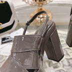 CHANEL sandals chocolate patent crumpled lambskin