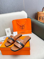 HERMES Giulia Sandal Brown Black Calfskin