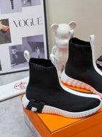HERMES H FUN CLASSIC SNEAKER STYLISH BLACK AND WHITE LINE FABRIC