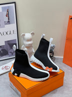 HERMES H FUN CLASSIC SNEAKER STYLISH BLACK AND WHITE LINE FABRIC