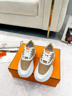 HERMES GIGA SNEAKER IN CIDER BROWN STITCHED MESH AND WHITE CALFSKIN