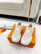 HERMES GIGA SNEAKER IN TAN BROWN STITCHED MESH AND WHITE CALFSKIN