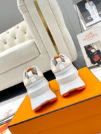 HERMES GIGA SNEAKER IN TAN BROWN STITCHED MESH AND WHITE CALFSKIN