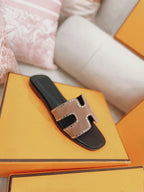 HERMES 0ran Sandal Calfskin Rhinestone Brown