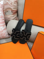 HERMES 0ran Sandal Calfskin Rhinestone Black