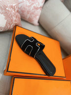 HERMES 0ran Sandal Calfskin Rhinestone Black