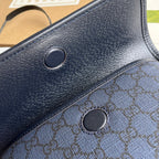 GUCCI OPHIDIA SMALL BELT BAG 23 IN DARK BLUE MONOGRAM CANVAS AND BLACK LAMBSKIN TRIM