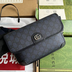 GUCCI OPHIDIA SMALL BELT BAG 23 IN DARK BLUE MONOGRAM CANVAS AND BLACK LAMBSKIN TRIM
