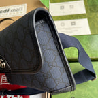 GUCCI OPHIDIA SMALL BELT BAG 23 IN DARK BLUE MONOGRAM CANVAS AND BLACK LAMBSKIN TRIM