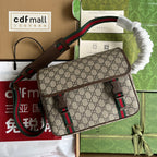 GUCCI OPHIDIA MEDIUM MESSENGER BAG 27 IN BEIGE AND EBONY  CALFSKIN GREEN RED WEB STRIPE CANVAS