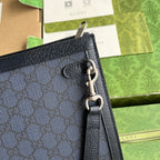 GUCCI OPHIDIA POUCH 26 IN DARK BLUE MONOGRAM CANVAS AND BLACK LAMBSKIN TRIM