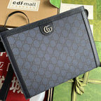 GUCCI OPHIDIA POUCH 26 IN DARK BLUE MONOGRAM CANVAS AND BLACK LAMBSKIN TRIM