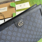GUCCI OPHIDIA POUCH 26 IN DARK BLUE MONOGRAM CANVAS AND BLACK LAMBSKIN TRIM