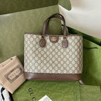 GUCCI OPHIDIA SMALL TOTE BAG 31 BEIGE CANVAS AND BROWN CALFSKIN