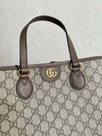 GUCCI OPHIDIA SMALL TOTE BAG 31 BEIGE CANVAS AND BROWN CALFSKIN