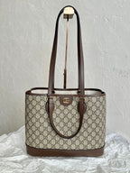 GUCCI OPHIDIA SMALL TOTE BAG 31 BEIGE CANVAS AND BROWN CALFSKIN