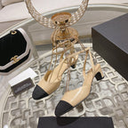 CHANEL high slingbacks beige black lambskin grosgrain