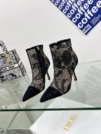 DIOR 25S POINTED-TOE ANKLE BOOTS 95 MM IN BLACK MESH TULLE AND SUEDE