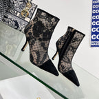 DIOR 25S POINTED-TOE ANKLE BOOTS 95 MM IN BLACK MESH TULLE AND SUEDE